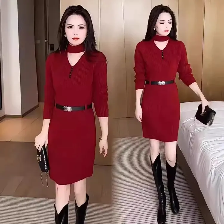 针织连衣裙女2024冬季新款时尚洋气显瘦小个子中长款打底毛衣裙子