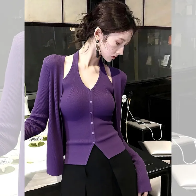 秋冬轻奢内搭打底设计小众上衣服女装紫色叠穿针织开衫背心两件套