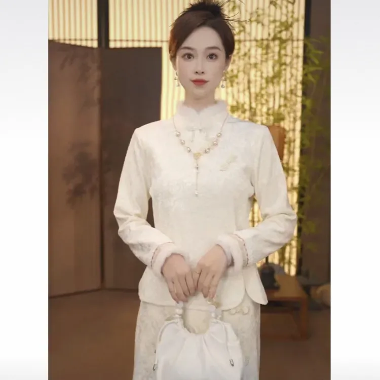 秋冬季新款中式提花精致百搭加厚打底衬衫上衣129-3