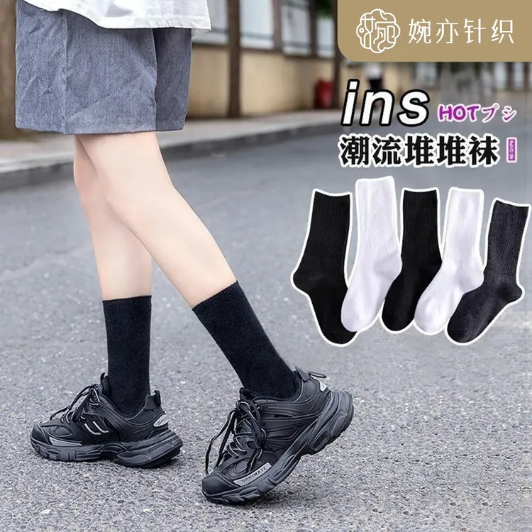 长袜女士中筒夏天薄款黑色女夏季白色玛丽珍鞋子前掌白色花边袜子