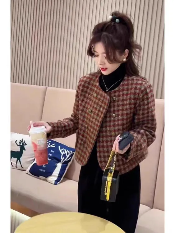 【现货】气质圆领小香风格子外套春秋新款时尚百搭爆款上衣