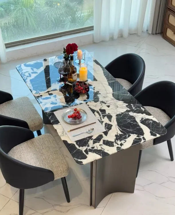 宝格丽黑天然奢石轻奢长方形圆形餐桌家用设计师吃饭桌奢石餐桌