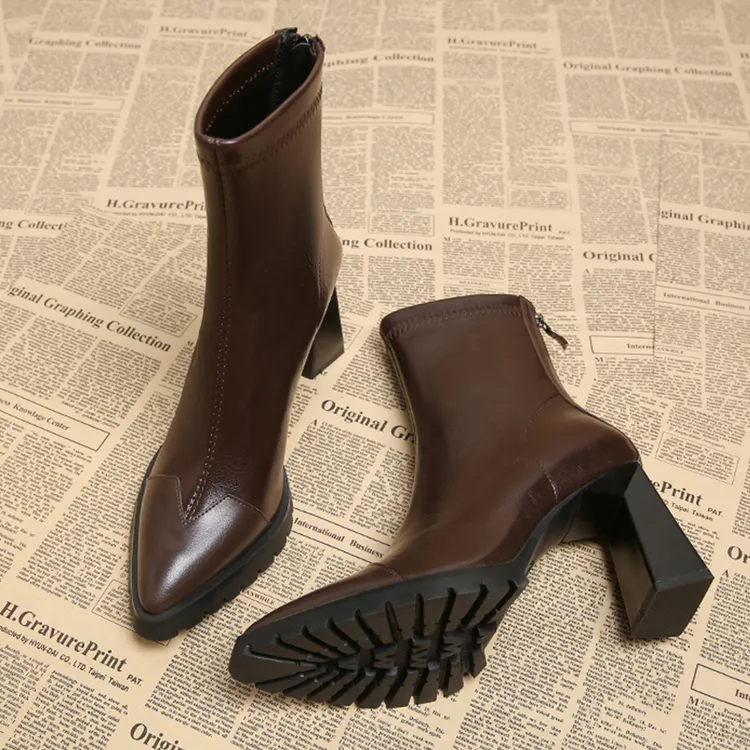 羊皮小个子厚底真皮短靴女款尖头高跟秋冬季加绒防水台增高马丁靴