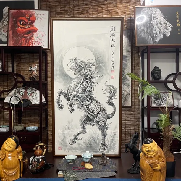 手绘国画《麒麟献瑞》124*64cm实木框 茶室玄关客厅办公室挂画 免装