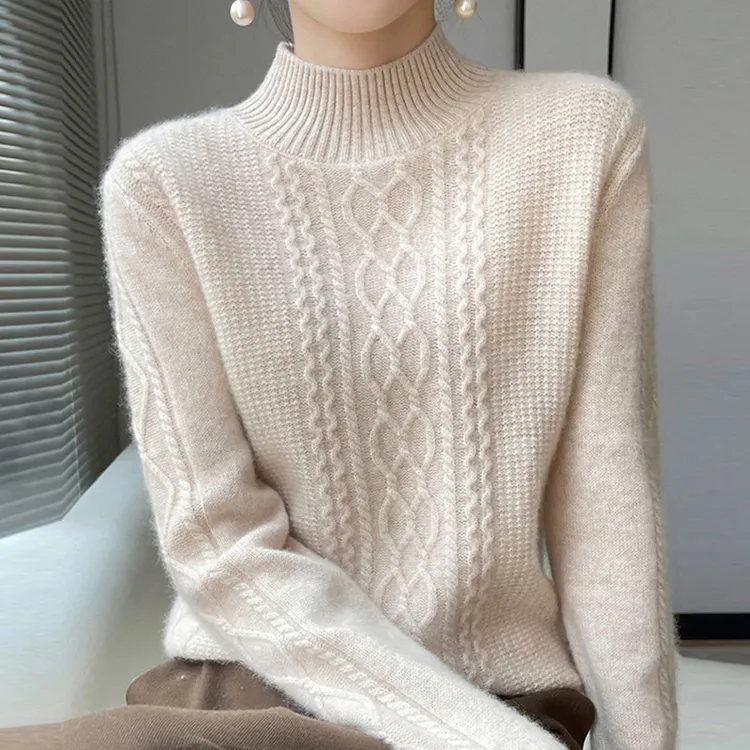 秋冬新款正品羊毛衫女半高领时尚绞花纯色针织毛衣内搭保暖打底衫
