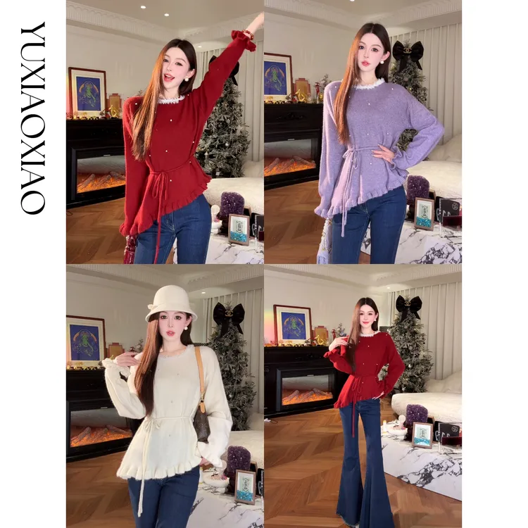 余潇潇【甜心欧蕾】复古甜美荷叶边缝珠山羊绒混纺羊毛衫配同色腰绳