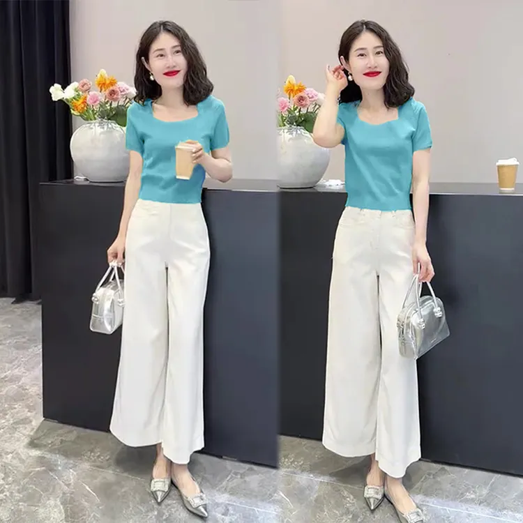 时尚套装女夏季新款短袖冰丝针织衫上衣小个子气质九分裤两件套