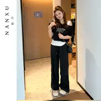 楠序源子微胖女装 夏季时尚黑色显瘦休闲T恤工装裤套装女YZ36558