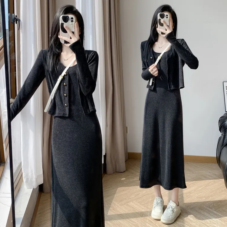 早秋穿搭一整套女时尚高腰显瘦休闲裤两件套开衫+连衣裙