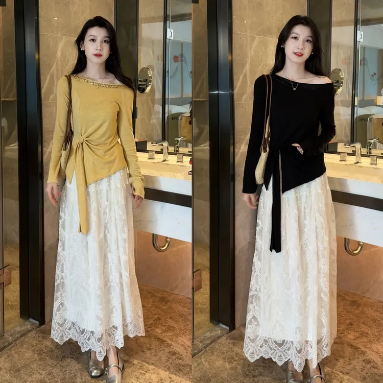 烫钻修身不规则纯欲风上衣+蕾丝半身裙两件套