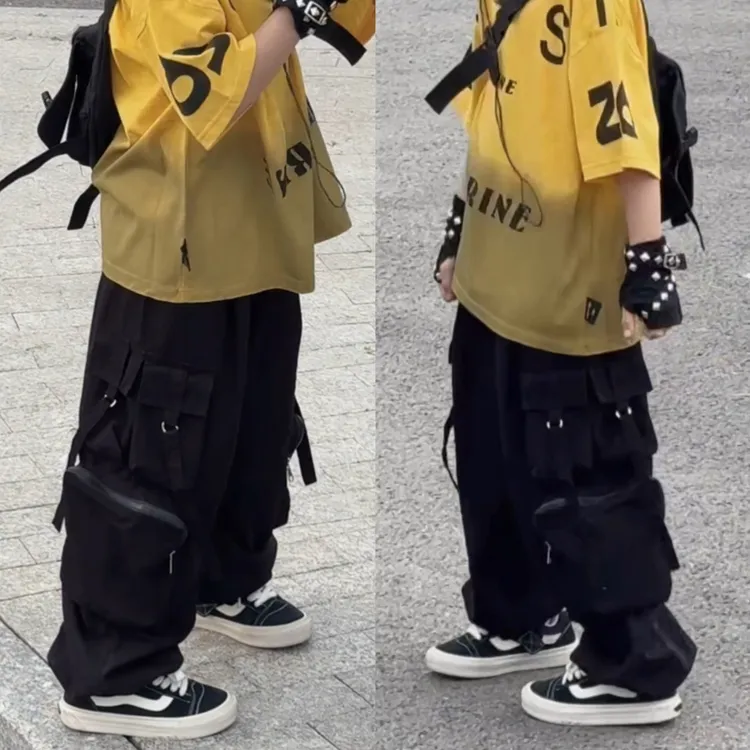 三乐乐家儿童夏款中大童中性款黑色垂感舒适直筒宽松休闲工装裤