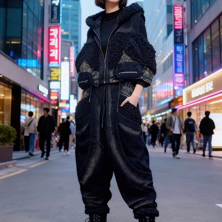 金港湾连帽抽绳撞色拼接加棉加厚宽松通勤风冬季黑时尚马甲小哈裤