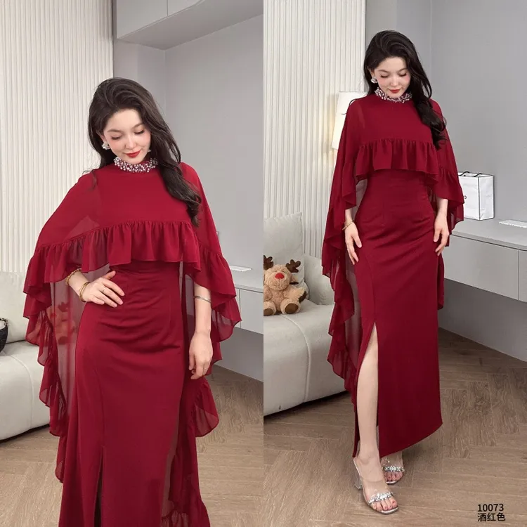 Saeda品牌女装气质长款斗篷披肩两件套脖子带钻名媛连衣裙YF10073