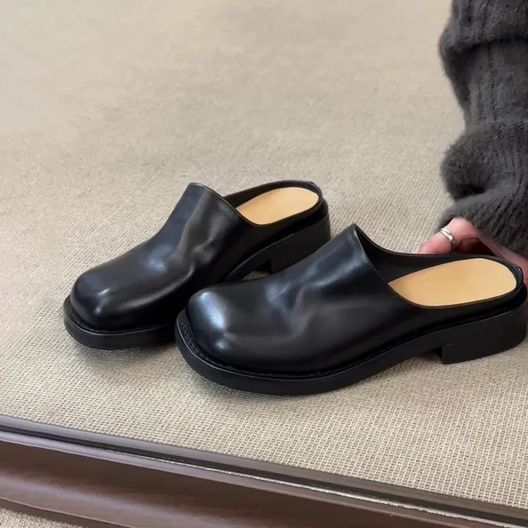 2026秋季新款一脚蹬方头穆勒鞋女百搭黑色包头半拖厚底粗跟勃肯鞋