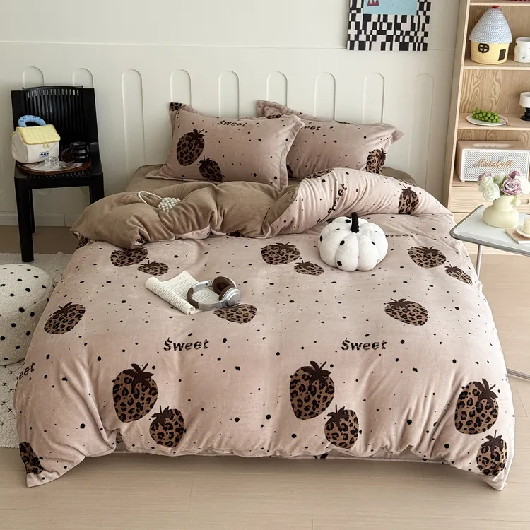 冬季加厚保暖牛奶绒四件套 简约小清新双面绒印花床单被罩三件套