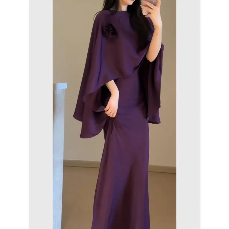 成熟高端女人味紫色披肩连衣裙两件套2025轻奢高级感性感御姐长裙