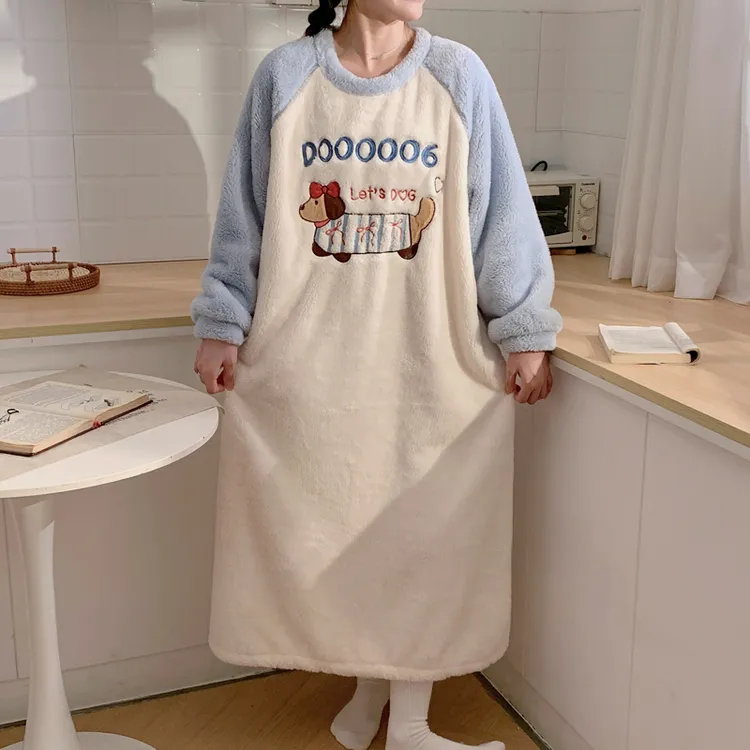 秋冬季保暖法兰绒睡裙女珊瑚绒睡衣可爱口袋大码200胖m宽松家居服