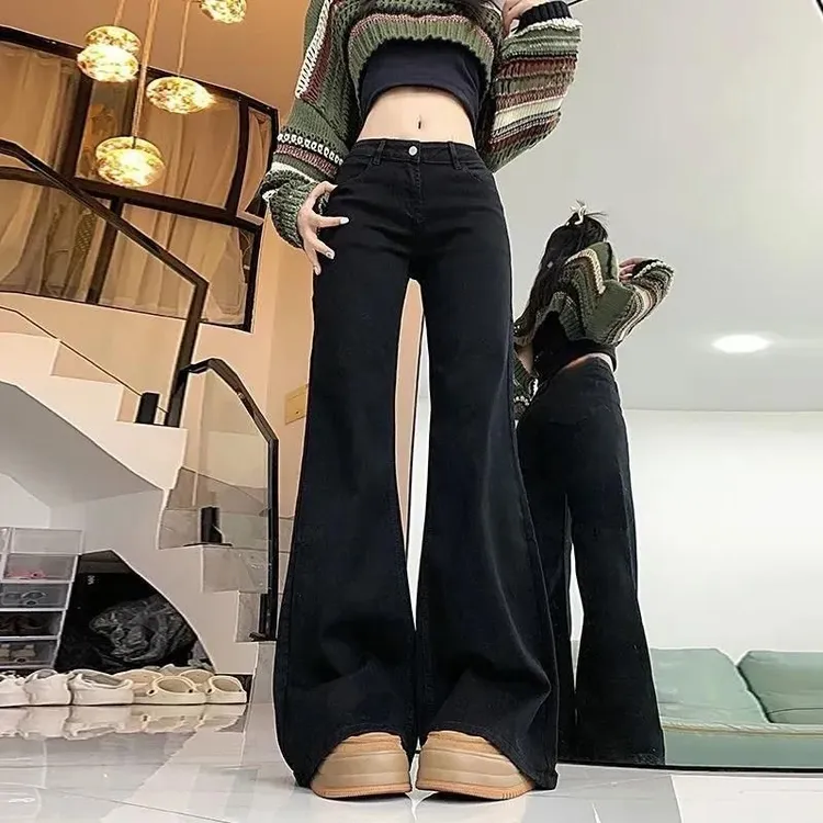 春秋时尚黑色微喇叭牛仔裤女2025新款百搭高腰遮胯弹力显瘦马蹄裤