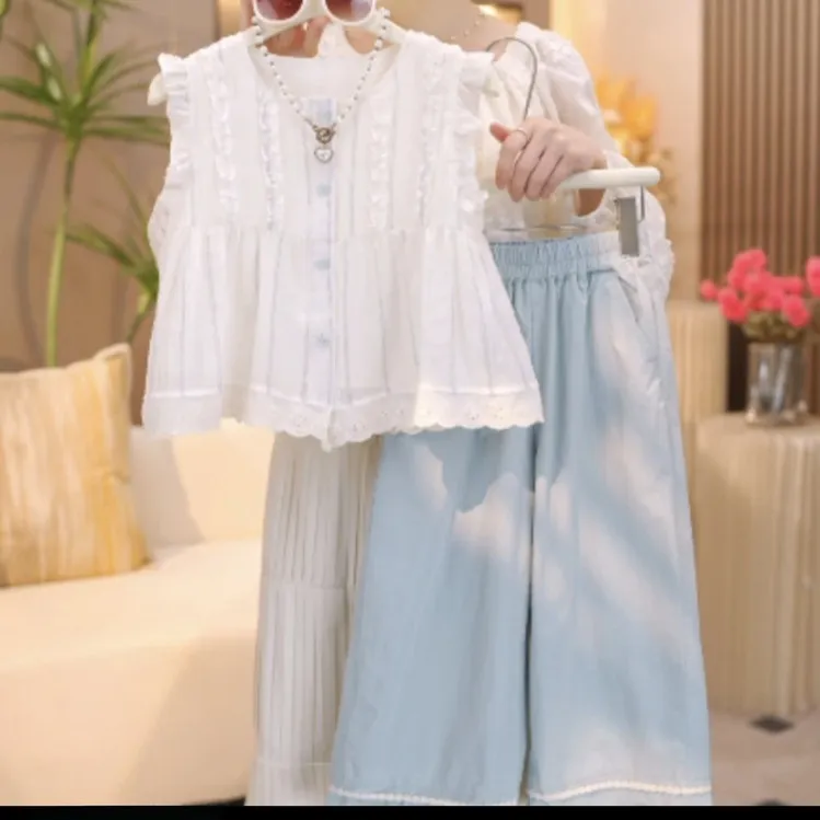 女童无袖衫九分裤套装2025新款花边娃娃衫防蚊阔腿裤