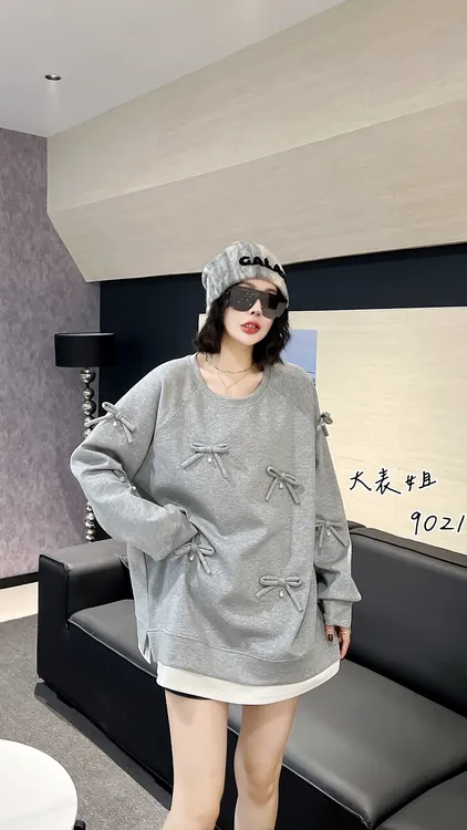 9021特大码圆领卫衣女2025秋季新款爆款时尚洋气蝴蝶结中长款上衣