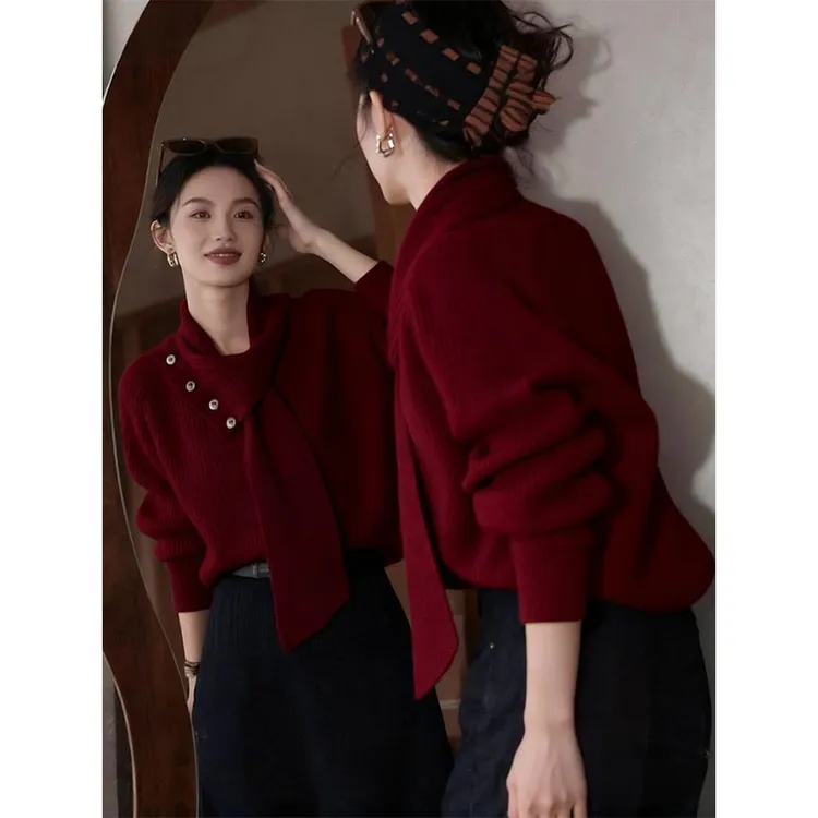 红色围巾领毛衣女2025新款秋冬内搭可外穿慵懒高级感宽松针织上衣