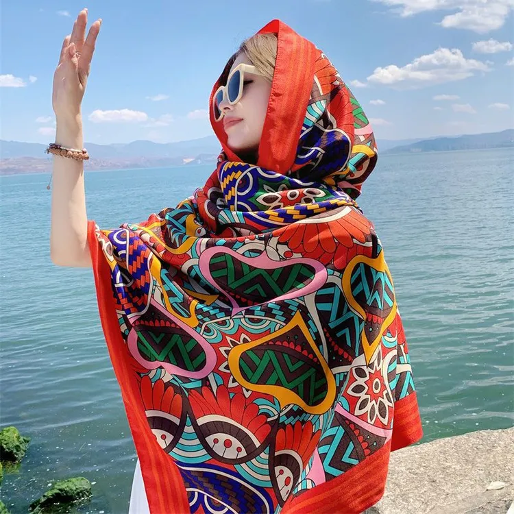 夏季棉麻民族风旅游丝巾防晒围巾大披肩女海边沙滩巾印花披肩新款