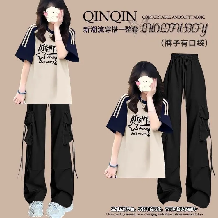 中大童夏季少女套装初中学生休闲短袖时尚高腰显瘦工装裤两件套潮