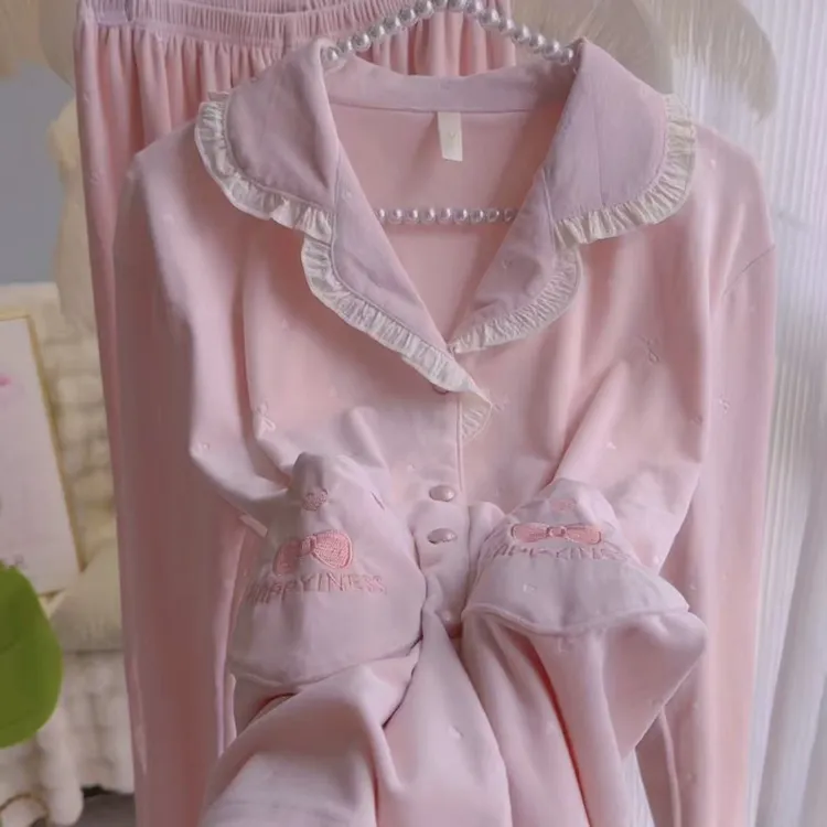 秋冬季女士长袖海岛绒薄绒保暖甜美家居服睡衣套装