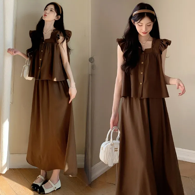 法式气质连衣裙套装女夏2025新款大码学院甜美小飞袖半身裙两件套