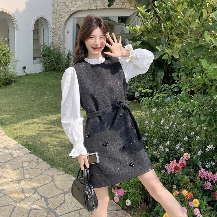 灰色亮片毛呢背心裙套装女春季2025新款韩系白色衬衫连衣裙两件套