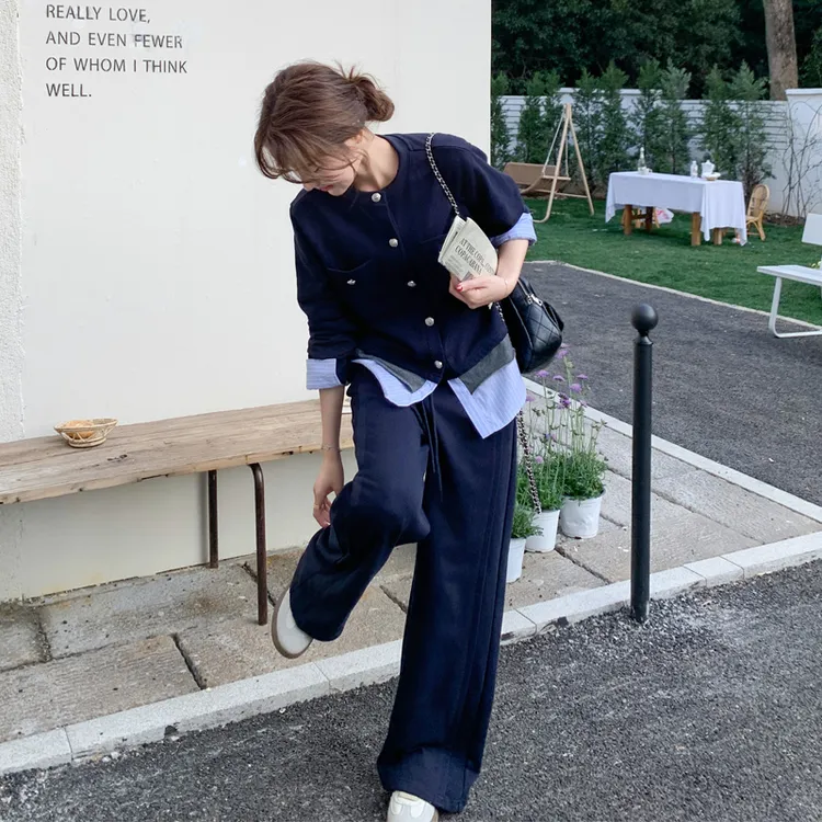 条纹拼接套装裤女2025早春新款休闲百搭松弛感小众流行时髦两件套