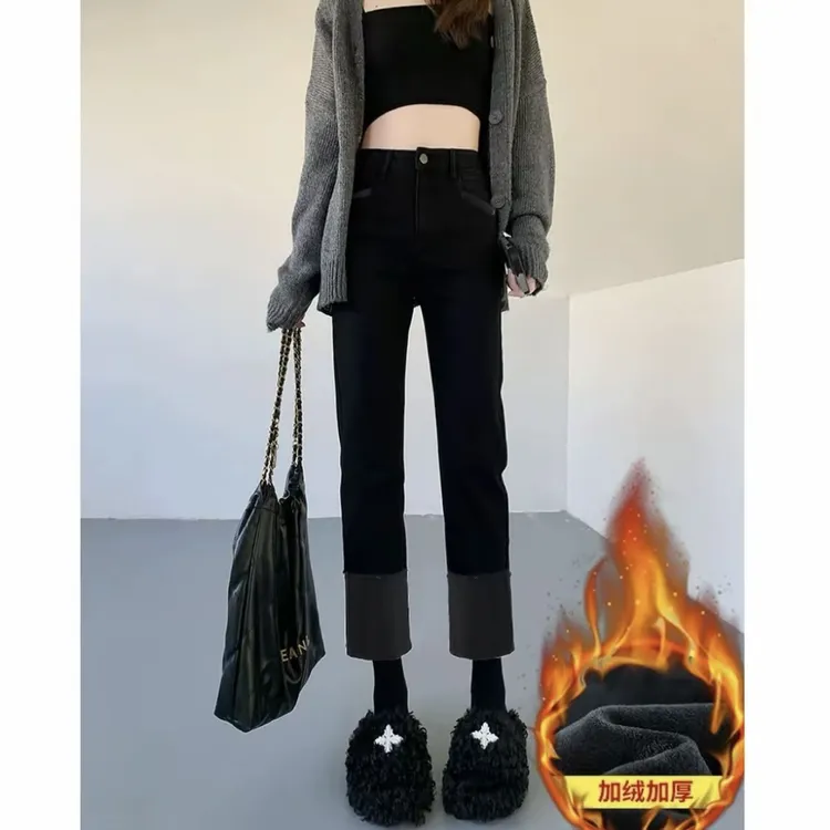 冬季加绒新款四面弹显瘦烟管裤小个子高腰直筒翻边法棍弹力牛仔裤