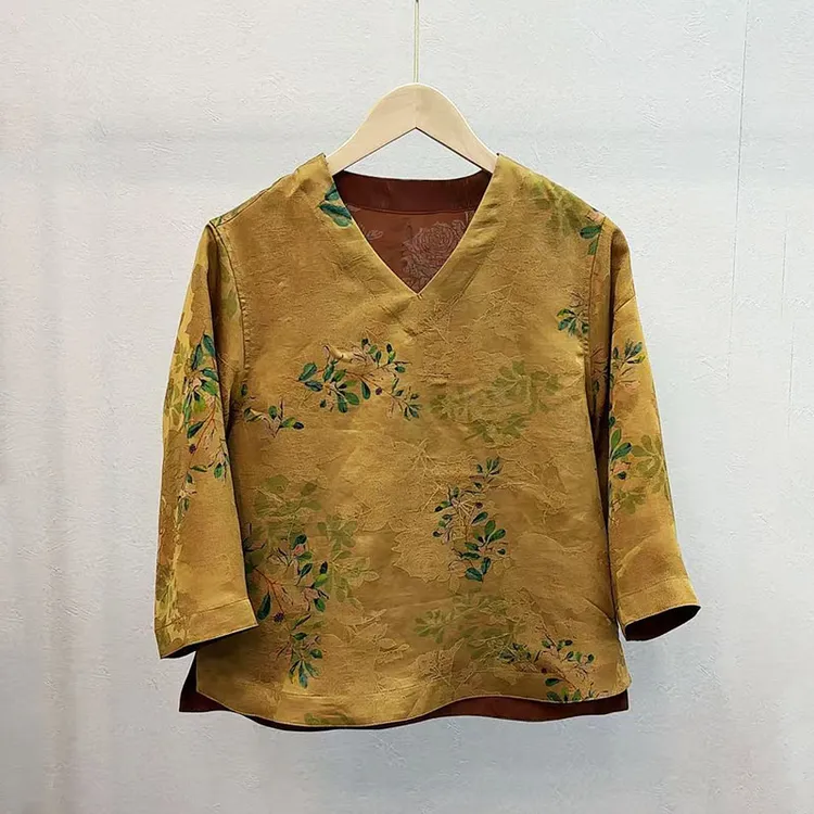 正宗香云纱100%桑蚕丝老料扎染彩龟双面穿圆领小衫女上衣休闲百搭