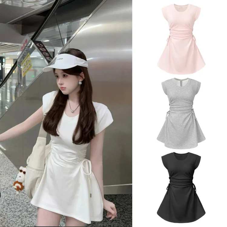 【腰精玩家】休闲绑带收腰圆领长短款连衣裙C  8729#