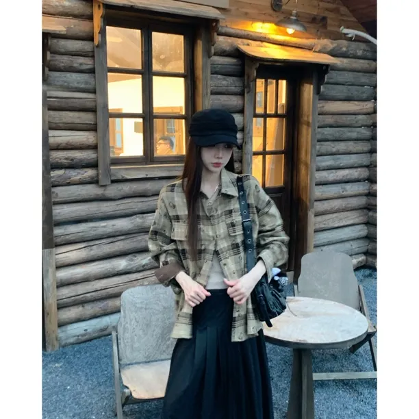 【赵小小&满格KT】8699 慵懒格子薄款宽松中长款衬衫开衫外套上衣女