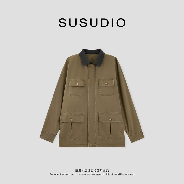 SUSUDIO 100棉 巴恩风早秋格子撞色工装口袋拼接皮领外套 C3024