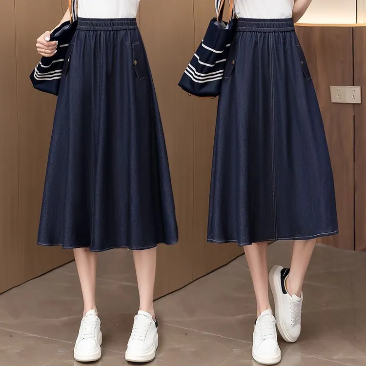 中长款松紧腰百褶牛仔半身裙夏季新款薄款垂感显瘦遮跨a字伞裙子