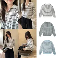 Miss sumeyY3896自制经典百搭polo领条纹长袖上衣慵懒风休闲卫衣