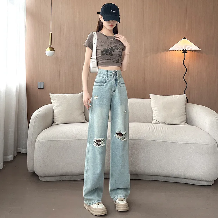 1263#春夏新款时髦破洞牛仔裤2025新款女设计感显瘦阔腿牛仔裤子