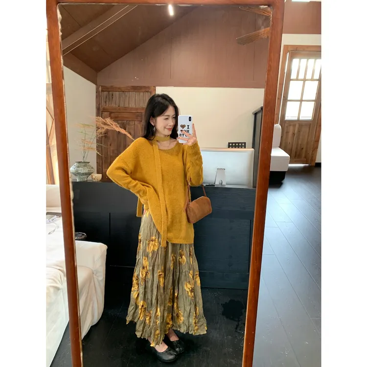 法式茶歇复古套装女秋季2025新款长袖针织毛衣褶皱印花长裙两件套