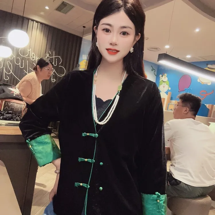 春秋季新中式国风圆领丝绒两面穿外套女装浮光锦气质百搭显瘦上衣