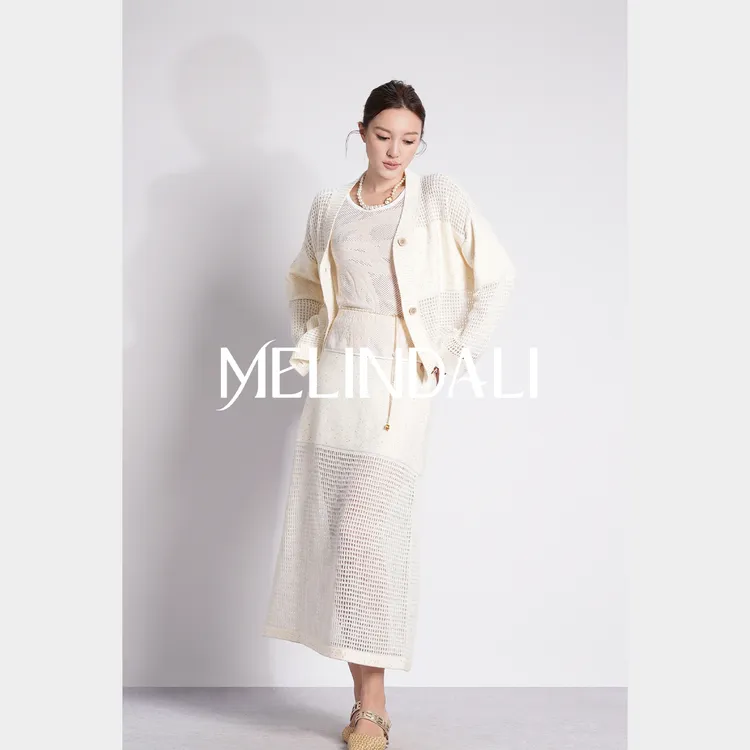 Melinda Li【不费力精致】私服绵羊毛混纺珠片纱V领针织开衫半裙套