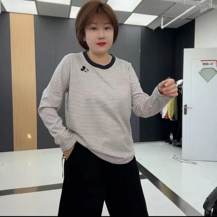 秋季新款刺绣女圆领长袖卡通动漫条纹拼接打底衫网红女百搭-8008