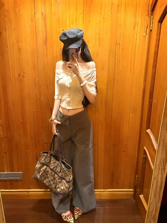 显瘦收腰纯欲风一字肩针织短袖开衫上衣时尚休闲宽松西裤阔腿长裤