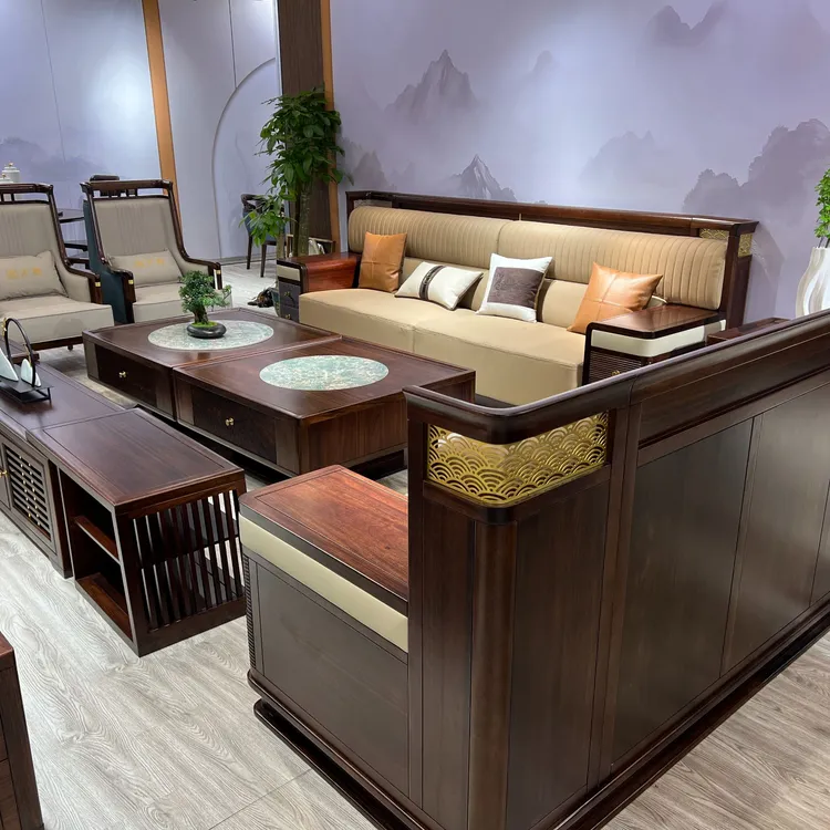 乌金木新中式家具沙发123U型组合真皮沙发整组装别墅客厅酒店沙发