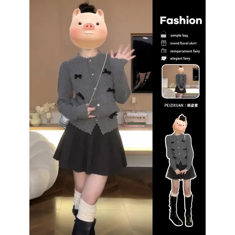 莲叶早秋法式慵懒灰色蝴蝶结毛衣开衫女春秋季新款小个子内搭上衣