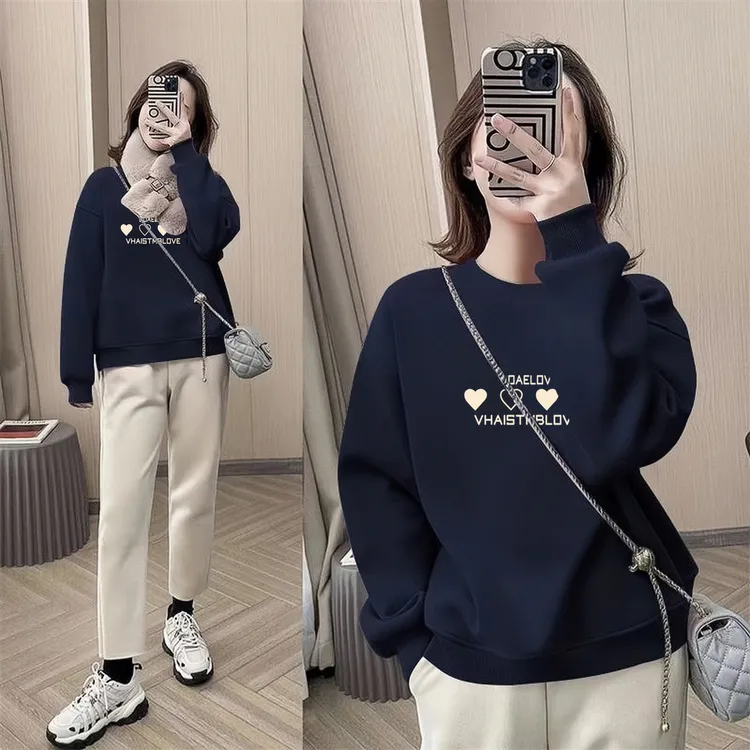 即墨加绒圆领卫衣女士秋冬季新款小个子洋气减龄韩版百搭上衣外套