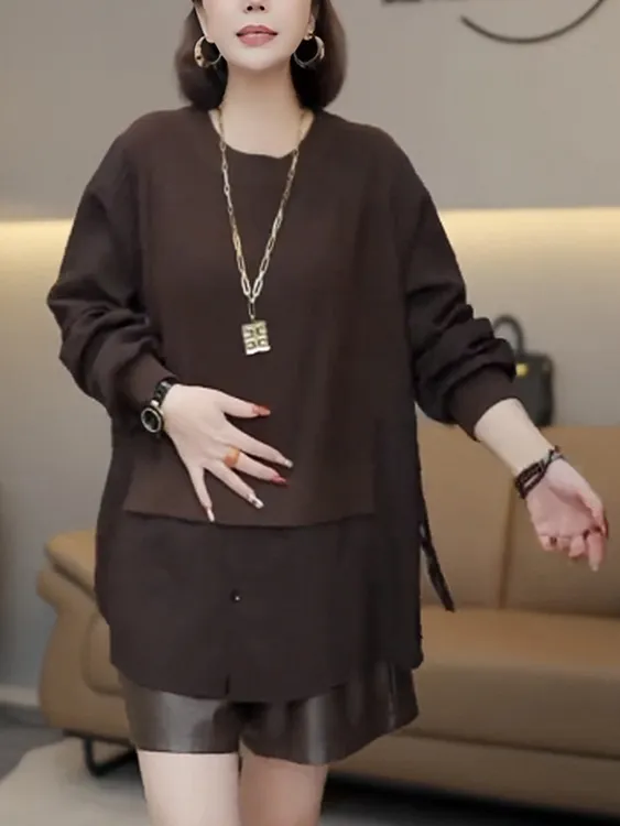 咖色圆领针织衫女秋冬新款高级感宽松洋气显瘦减龄假两件长袖上衣