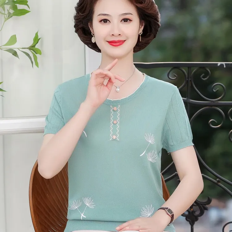 时尚中老年女装中年宽松气质T恤中年妈妈针织女装老年人宽松夏装