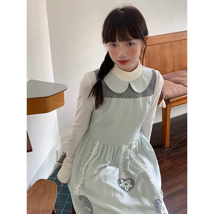 嘿山姥姥爱心娃娃领背心连衣裙女早秋学院风甜美可爱小个子中长裙